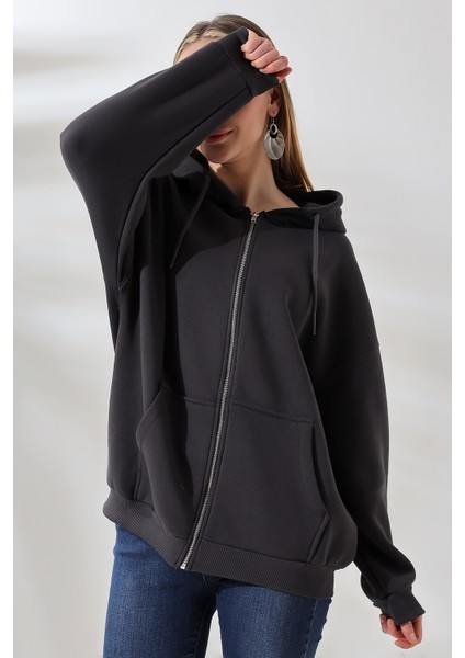 Şardonlu Fermuarlı Kapüşonlu Oversize Sweatshirt 21618 Füme fiyatları