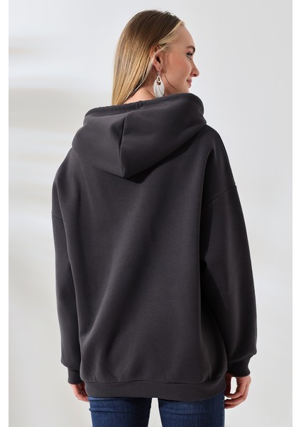 Şardonlu Fermuarlı Kapüşonlu Oversize Sweatshirt 21618 Füme fırsatları