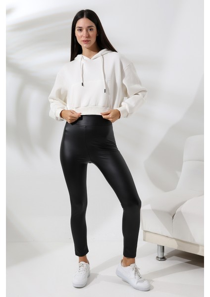 Kapüşonlu Şardonlu Crop Geniş Kalıp Sweatshirt 21653 Ekru