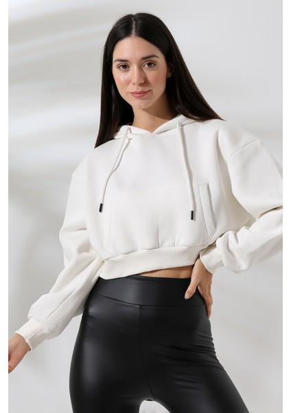 Kapüşonlu Şardonlu Crop Geniş Kalıp Sweatshirt 21653 Ekru fiyatları