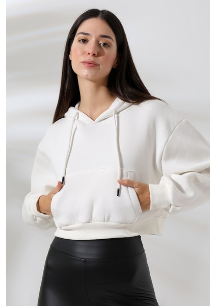 Kapüşonlu Şardonlu Crop Geniş Kalıp Sweatshirt 21653 Ekru modelleri