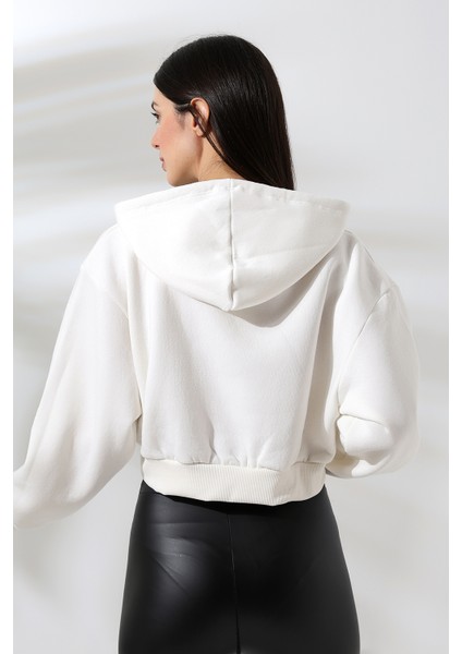 Kapüşonlu Şardonlu Crop Geniş Kalıp Sweatshirt 21653 Ekru fırsatları