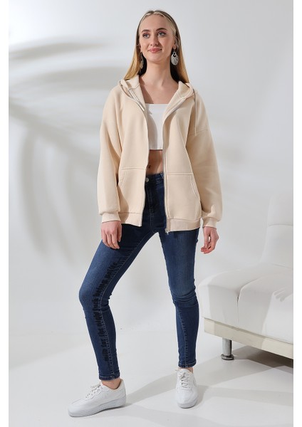 Şardonlu Fermuarlı Kapüşonlu Oversize Sweatshirt 21618 Taş