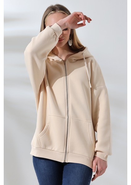 Şardonlu Fermuarlı Kapüşonlu Oversize Sweatshirt 21618 Taş fiyatları