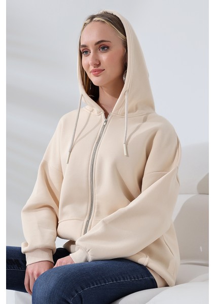 Şardonlu Fermuarlı Kapüşonlu Oversize Sweatshirt 21618 Taş modelleri