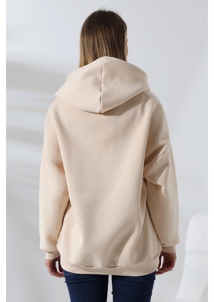 Şardonlu Fermuarlı Kapüşonlu Oversize Sweatshirt 21618 Taş fırsatları