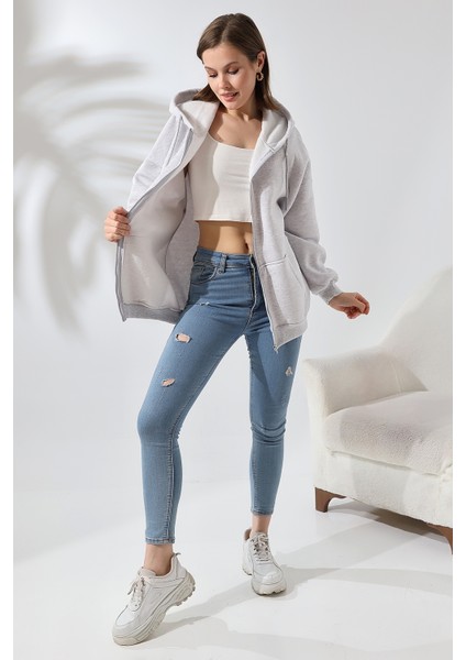 Şardonlu Fermuarlı Kapüşonlu Oversize Sweatshirt 21618 Karmelanj