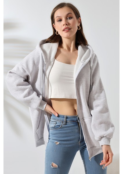 Şardonlu Fermuarlı Kapüşonlu Oversize Sweatshirt 21618 Karmelanj fiyatları