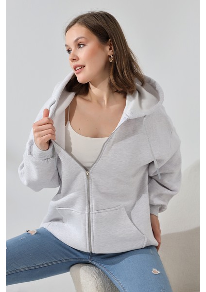 Şardonlu Fermuarlı Kapüşonlu Oversize Sweatshirt 21618 Karmelanj modelleri