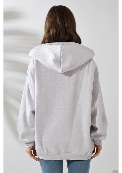 Şardonlu Fermuarlı Kapüşonlu Oversize Sweatshirt 21618 Karmelanj fırsatları