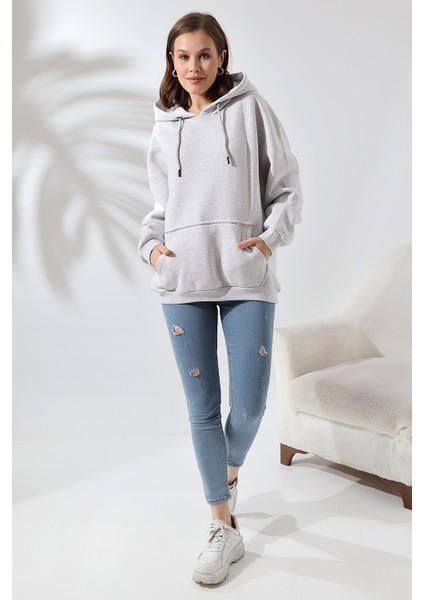 Şardonlu Kapüşonlu Oversize Sweatshirt 21615 Karmelanj