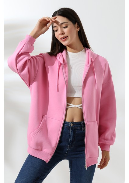 Şardonlu Fermuarlı Kapüşonlu Oversize Sweatshirt 21618 Pembe
