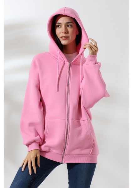 Şardonlu Fermuarlı Kapüşonlu Oversize Sweatshirt 21618 Pembe fiyatları