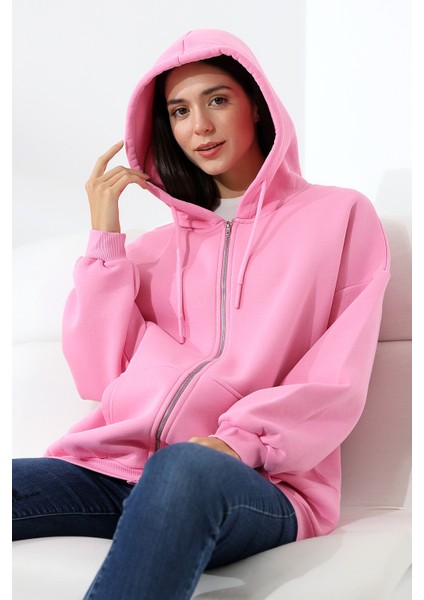 Şardonlu Fermuarlı Kapüşonlu Oversize Sweatshirt 21618 Pembe modelleri