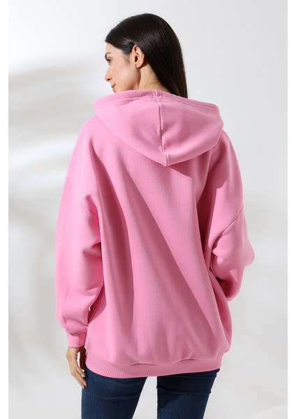 Şardonlu Fermuarlı Kapüşonlu Oversize Sweatshirt 21618 Pembe fırsatları