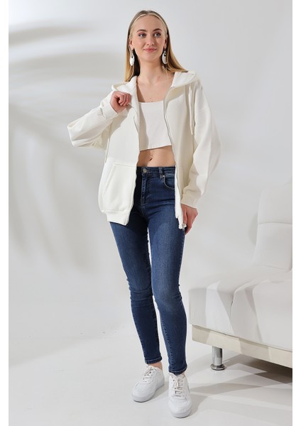 Şardonlu Fermuarlı Kapüşonlu Oversize Sweatshirt 21618 Ekru
