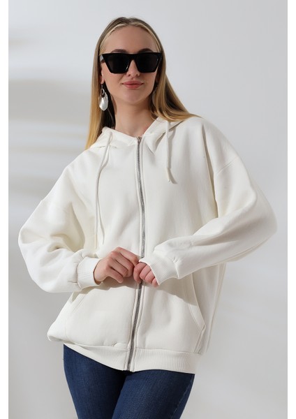 Şardonlu Fermuarlı Kapüşonlu Oversize Sweatshirt 21618 Ekru fiyatları