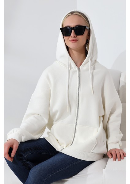 Şardonlu Fermuarlı Kapüşonlu Oversize Sweatshirt 21618 Ekru modelleri