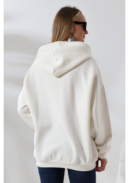 Şardonlu Fermuarlı Kapüşonlu Oversize Sweatshirt 21618 Ekru fırsatları