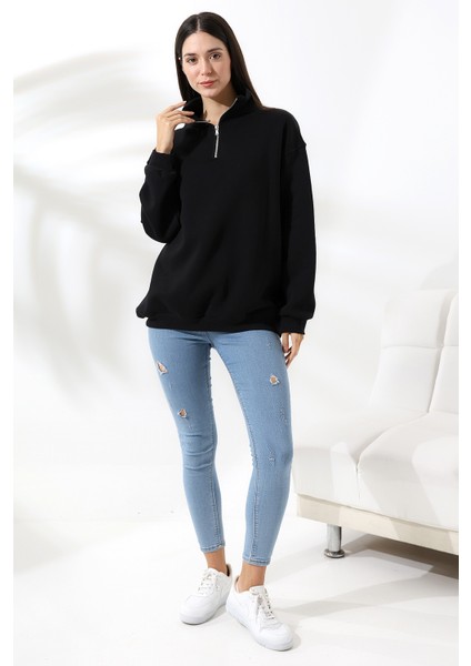 Şardonlu Yarım Fermuarlı Oversize Sweatshirt 21622 Siyah