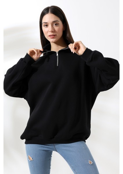 Şardonlu Yarım Fermuarlı Oversize Sweatshirt 21622 Siyah fiyatları