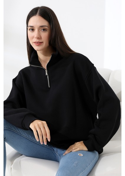 Şardonlu Yarım Fermuarlı Oversize Sweatshirt 21622 Siyah modelleri