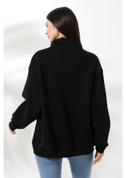 Şardonlu Yarım Fermuarlı Oversize Sweatshirt 21622 Siyah fırsatları