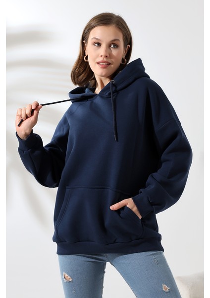 Şardonlu Kapüşonlu Oversize Sweatshirt 21615 Lacivert