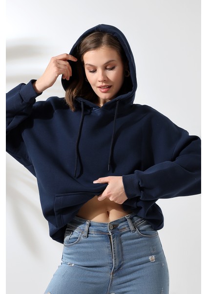 Şardonlu Kapüşonlu Oversize Sweatshirt 21615 Lacivert fiyatları