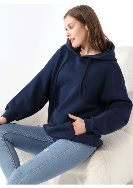 Şardonlu Kapüşonlu Oversize Sweatshirt 21615 Lacivert modelleri