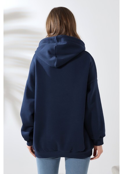 Şardonlu Kapüşonlu Oversize Sweatshirt 21615 Lacivert fırsatları