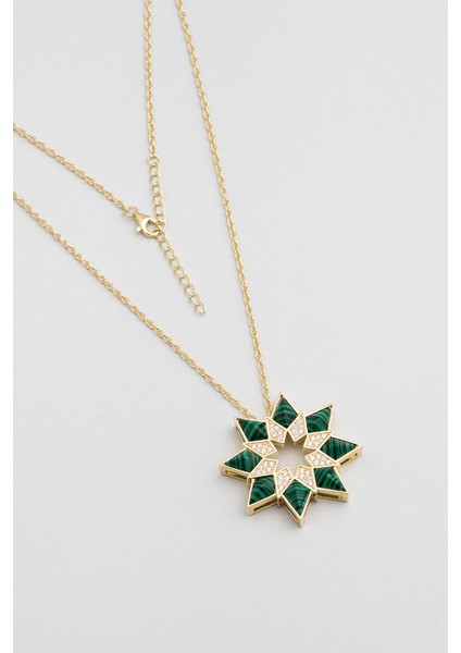 Malahit Çiçeği 18 Ayar Sarı Altın Kaplama Gümüş Tasarım Kolye