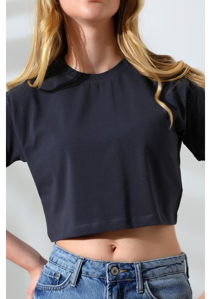 Kolu Katlamalı Geniş Crop Esnek Pamuklu Kompakt Tshirt 21754 Füme modelleri