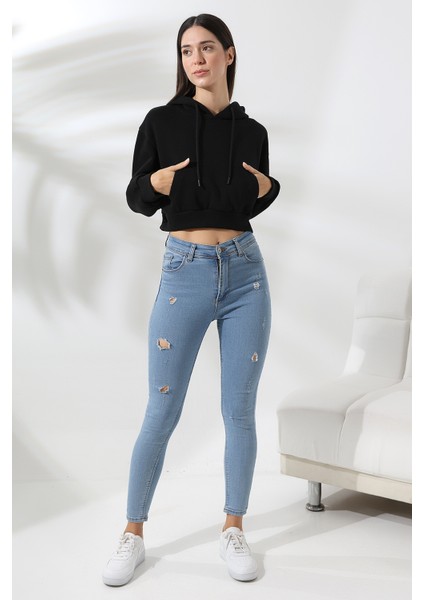 Kapüşonlu Şardonlu Crop Geniş Kalıp Sweatshirt 21653 Siyah