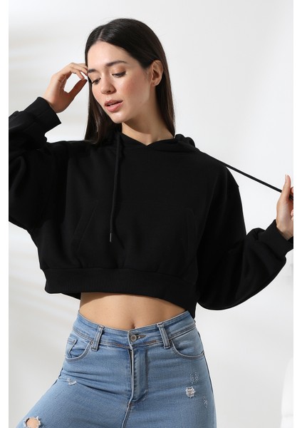 Kapüşonlu Şardonlu Crop Geniş Kalıp Sweatshirt 21653 Siyah fiyatları