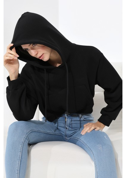 Kapüşonlu Şardonlu Crop Geniş Kalıp Sweatshirt 21653 Siyah modelleri