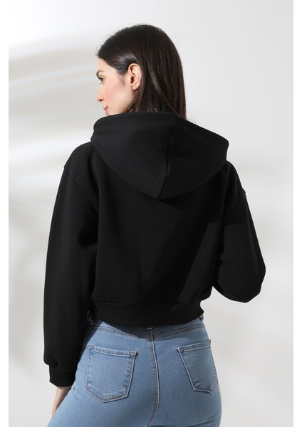 Kapüşonlu Şardonlu Crop Geniş Kalıp Sweatshirt 21653 Siyah fırsatları