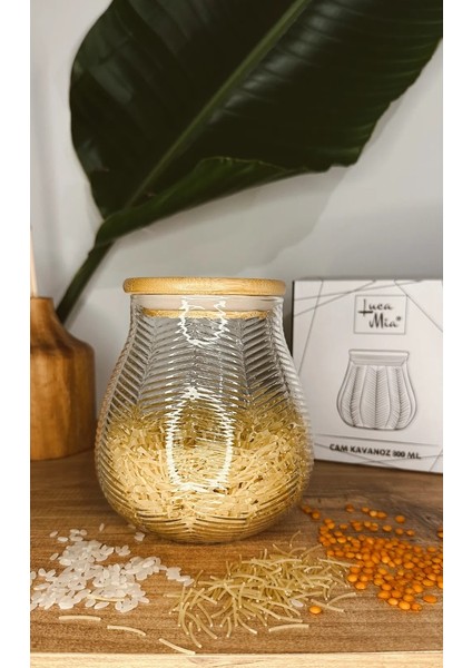 Bambu Kapaklı Çizgili Cam Kavanoz 800 ml 4 Adet 20.0044