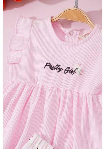 Damla Bebe Kız Bebek Pembe Pretty Girl Yazılı Çiçekli Elbise Takımı 18721