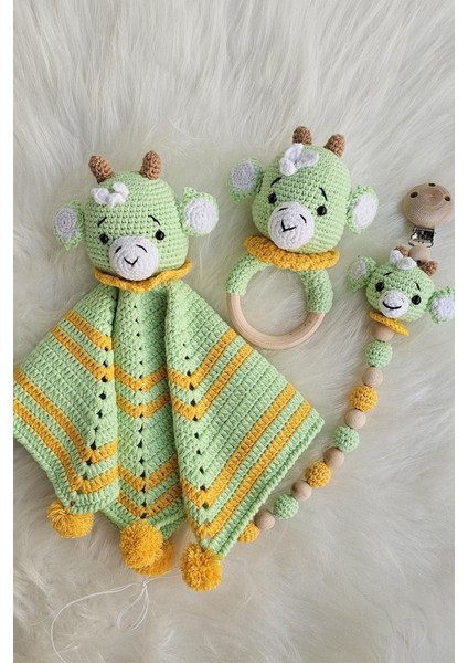 Kelebeğin Rüyası Hobi Evi Amigurumi Battaniyeli Dinozor, Çıngırak ve Emzik Zinciri 3'lü Yenidoğan Set