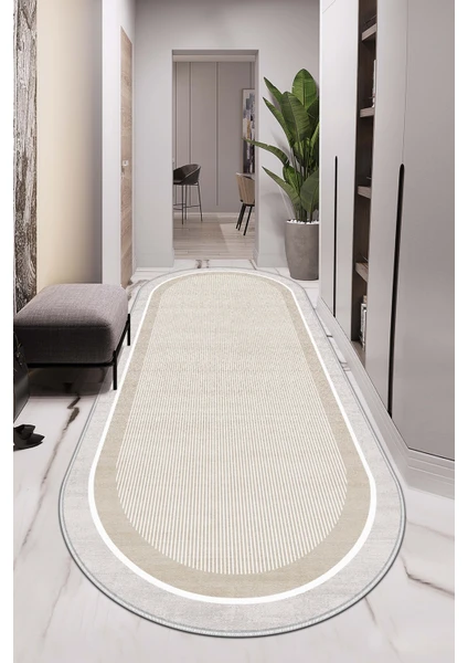 Lavita Home Makinede Yıkanabilir Kaymaz Taban Leke Tutmaz Bej Oval Salon Halısı Mutfak Halısı ve Yolluk