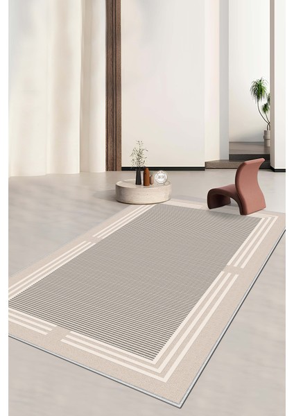 Makinede Yıkanabilir Kaymaz Taban Leke Tutmaz Bej Çizgili Salon Halısı Mutfak Halısı ve Yolluk
