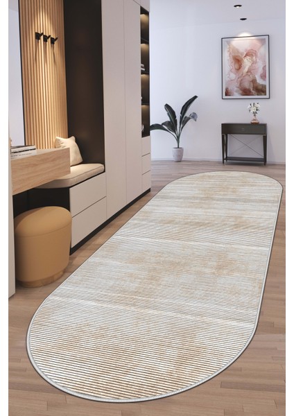 Makinede Yıkanabilir Kaymaz Taban Leke Tutmaz Bej Oval Salon Halısı Mutfak Halısı ve Yolluk