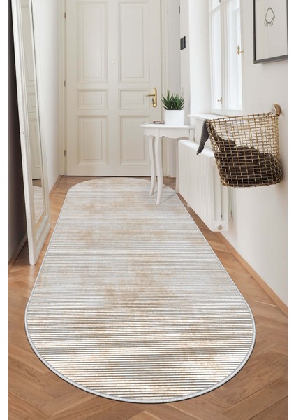 Makinede Yıkanabilir Kaymaz Taban Leke Tutmaz Bej Oval Salon Halısı Mutfak Halısı ve Yolluk