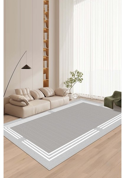 Makinede Yıkanabilir Kaymaz Taban Leke Tutmaz Gri Çizgili Salon Halısı Mutfak Halısı ve Yolluk
