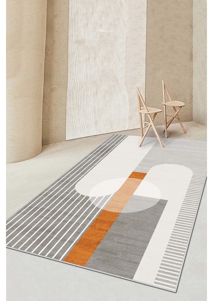 Makinede Yıkanabilir Kaymaz Taban Leke Tutmaz Gri Çizgili Salon Halısı Mutfak Halısı ve Yolluk