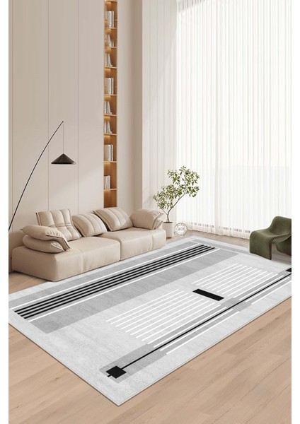 Makinede Yıkanabilir Kaymaz Taban Leke Tutmaz Gri Çizgili Salon Halısı Mutfak Halısı ve Yolluk
