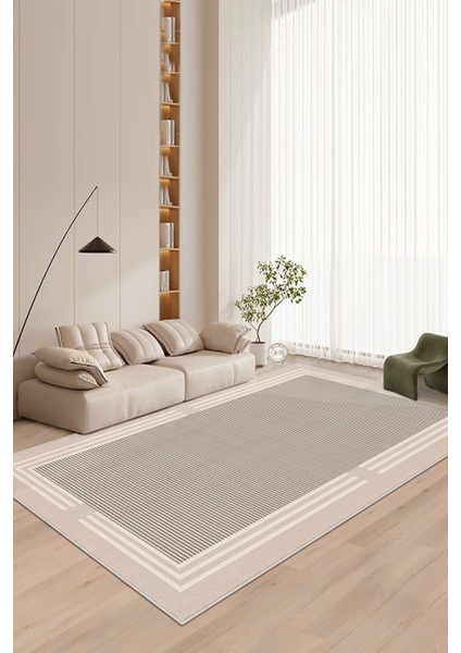 Makinede Yıkanabilir Kaymaz Taban Leke Tutmaz Bej Çizgili Salon Halısı Mutfak Halısı ve Yolluk