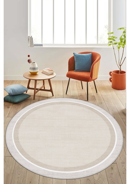 Makinede Yıkanabilir Kaymaz Taban Leke Tutmaz Yuvarlak Bej Mutfak Halısı Salon Halısı ve Yolluk