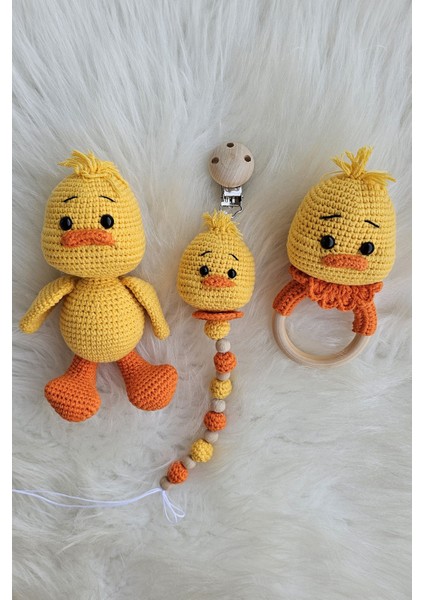 Amigurumi Yenidoğan Civciv, Çıngırak ve Emzik Zinciri 3'lü Set